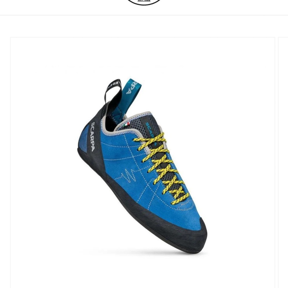 Scarpa Blue Climbing Shoe with Yellow Laces